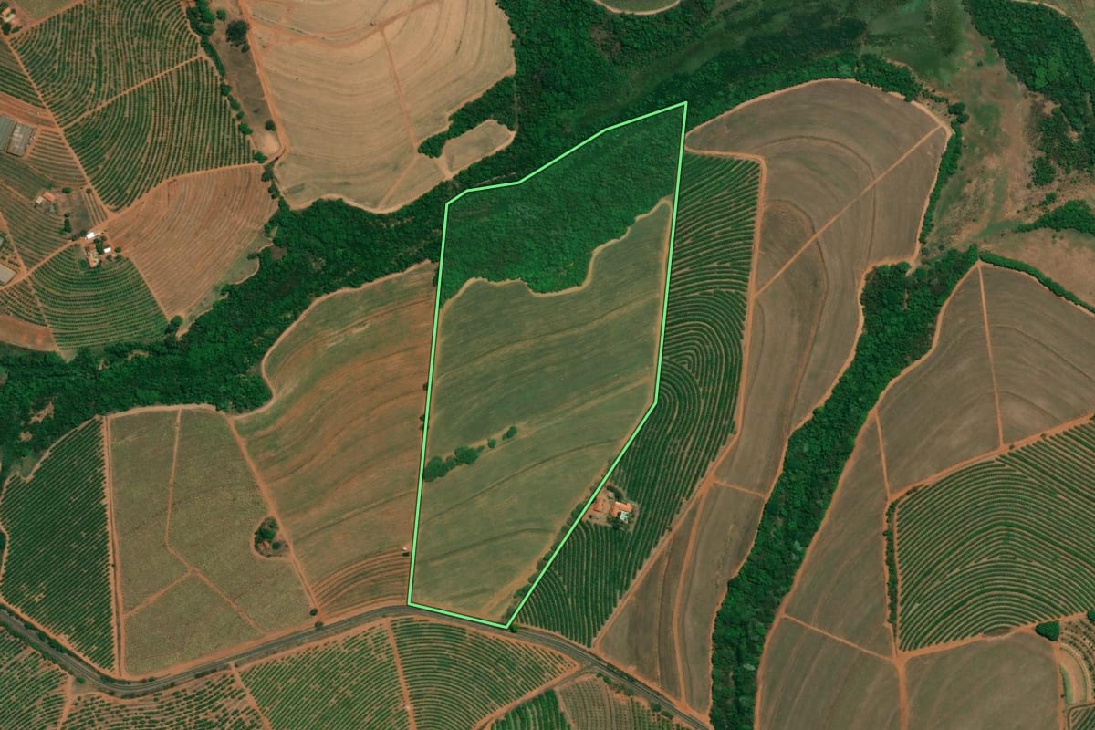 Imagem de satélite do imóvel rural em Fernando Prestes (SP), com o contorno declarado no CAR desenhado por cima.