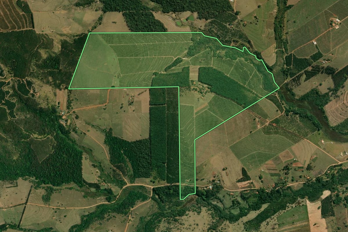 Imagem de satélite do imóvel rural em Fernão (SP), com o contorno declarado no CAR desenhado por cima.