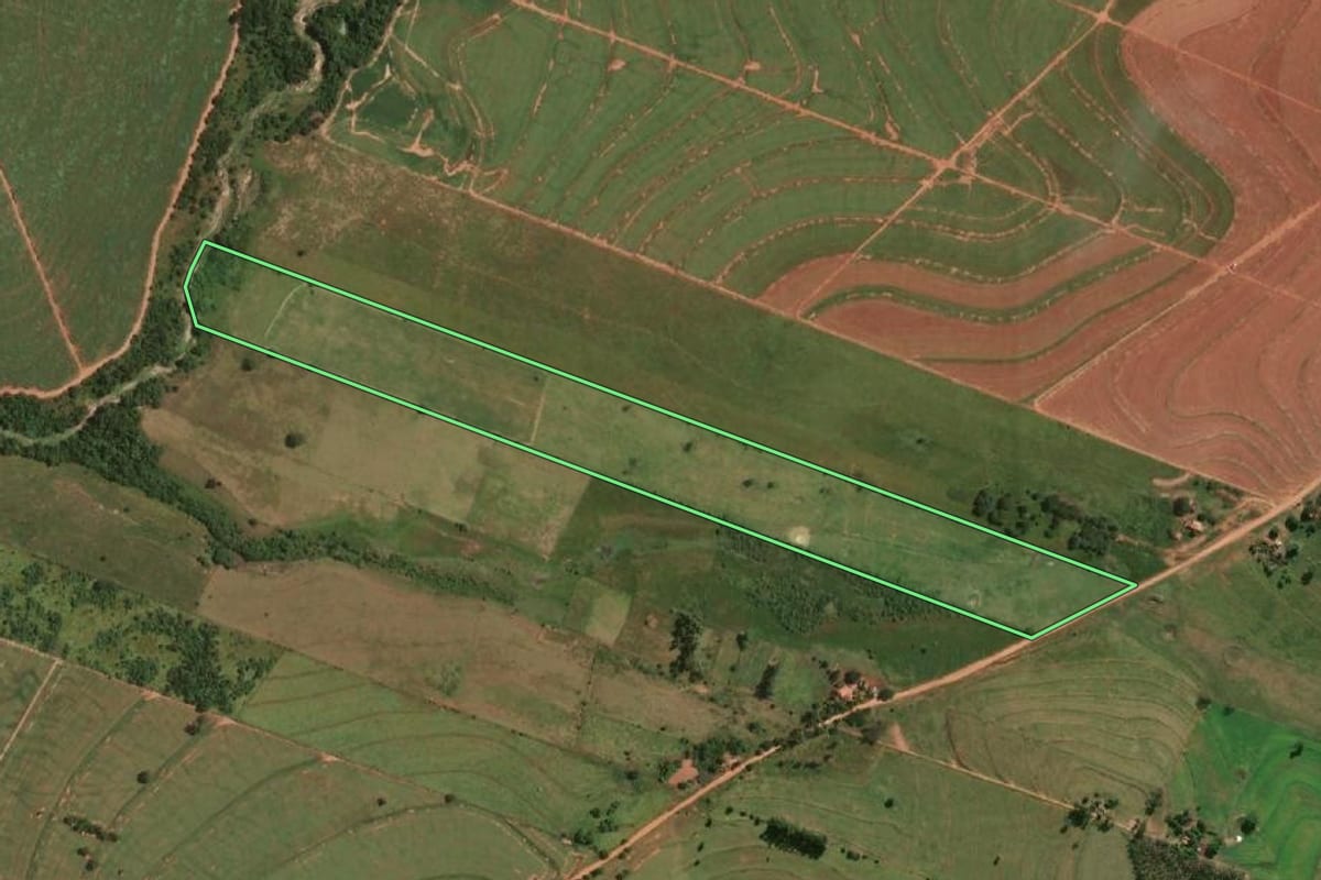 Imagem de satélite do imóvel rural em Flora Rica (SP), com o contorno declarado no CAR desenhado por cima.