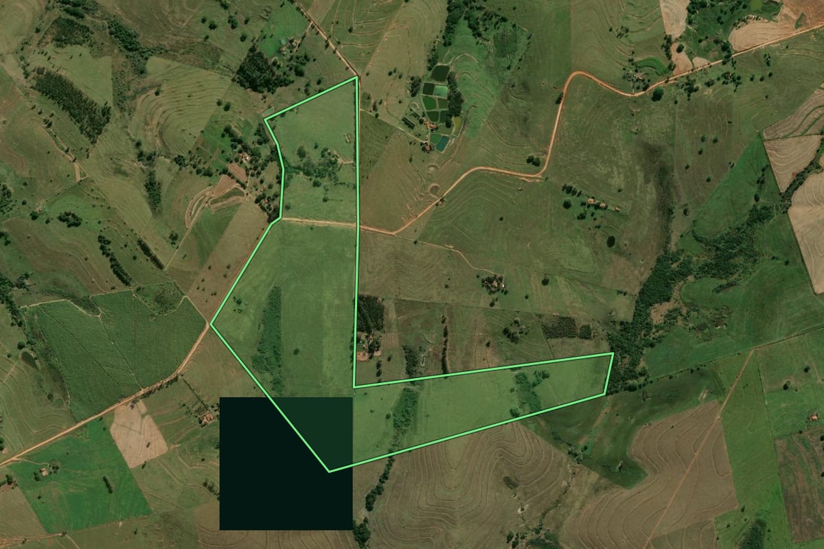 Imagem de satélite do imóvel rural em Flora Rica (SP), com o contorno declarado no CAR desenhado por cima.