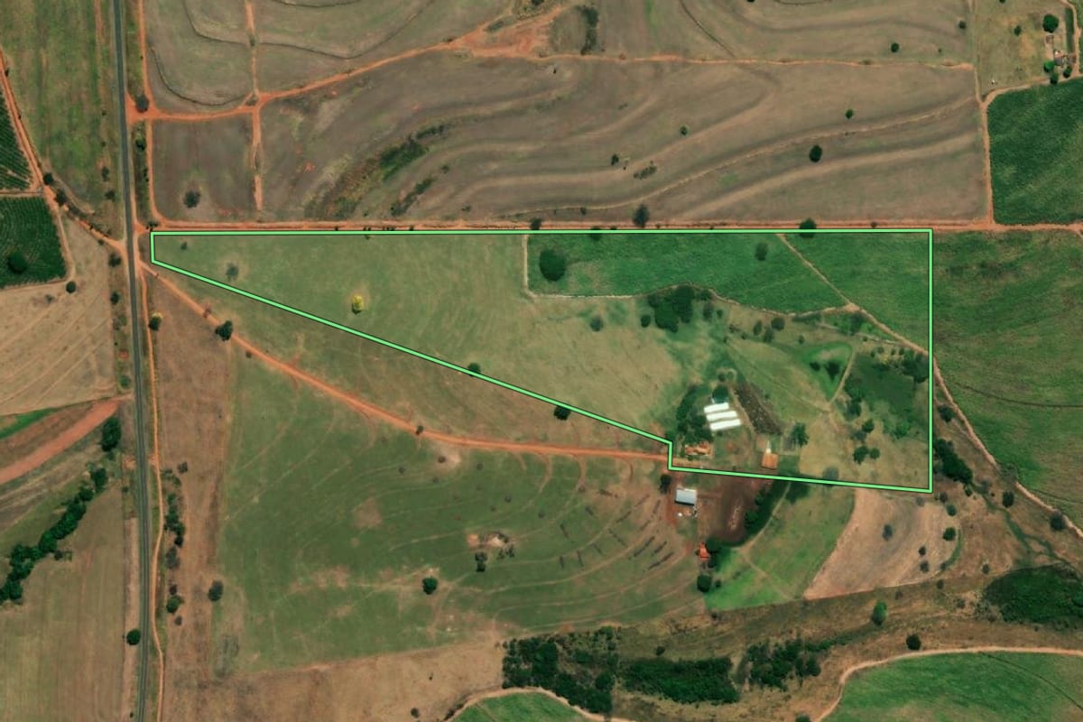 Imagem de satélite do imóvel rural em Floreal (SP), com o contorno declarado no CAR desenhado por cima.