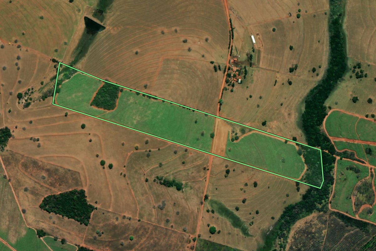 Imagem de satélite do imóvel rural em Floreal (SP), com o contorno declarado no CAR desenhado por cima.