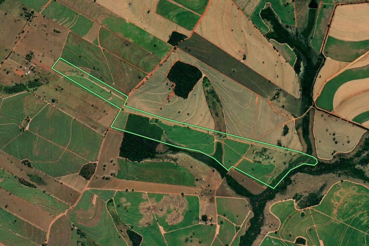 Imagem de satélite do imóvel rural em Floreal (SP), com o contorno declarado no CAR desenhado por cima.