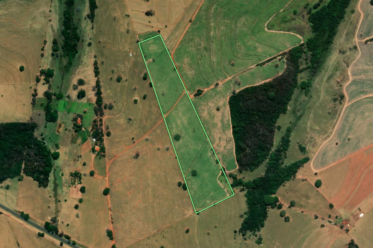 Imagem de satélite do imóvel rural em Floreal (SP), com o contorno declarado no CAR desenhado por cima.