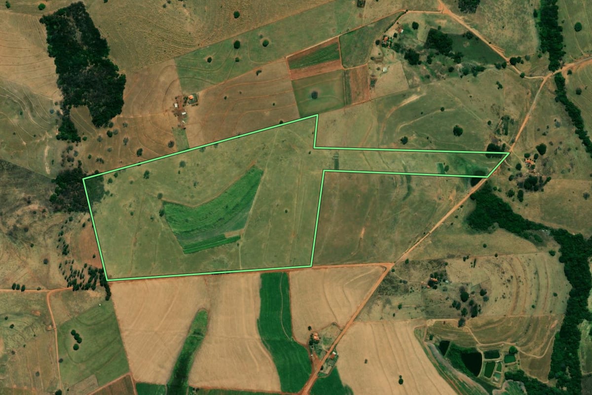 Imagem de satélite do imóvel rural em Floreal (SP), com o contorno declarado no CAR desenhado por cima.