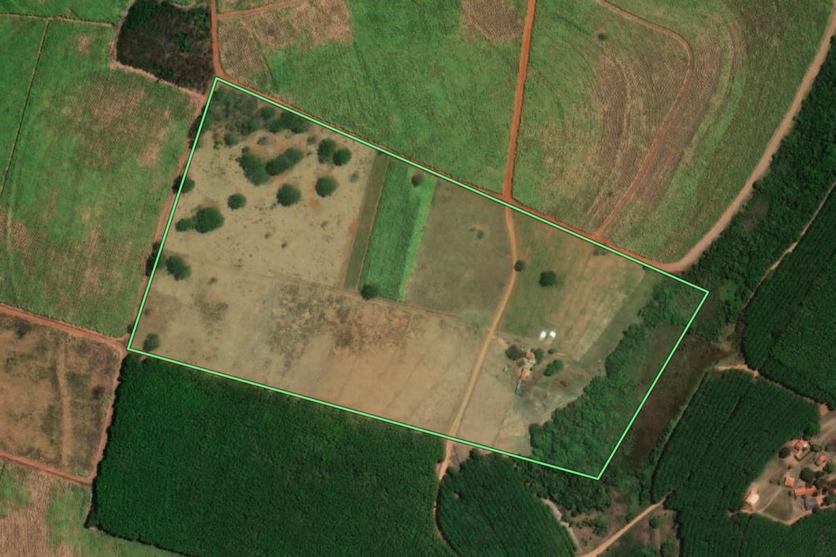 Imagem de satélite do imóvel rural em Floreal (SP), com o contorno declarado no CAR desenhado por cima.