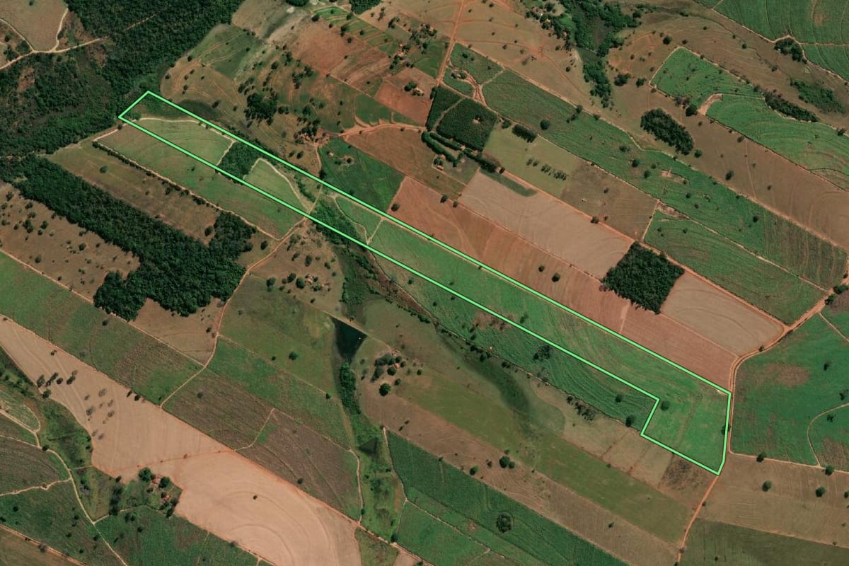 Imagem de satélite do imóvel rural em Floreal (SP), com o contorno declarado no CAR desenhado por cima.