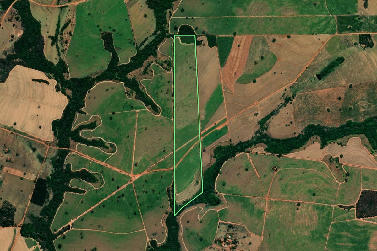 Imagem de satélite do imóvel rural em Floreal (SP), com o contorno declarado no CAR desenhado por cima.