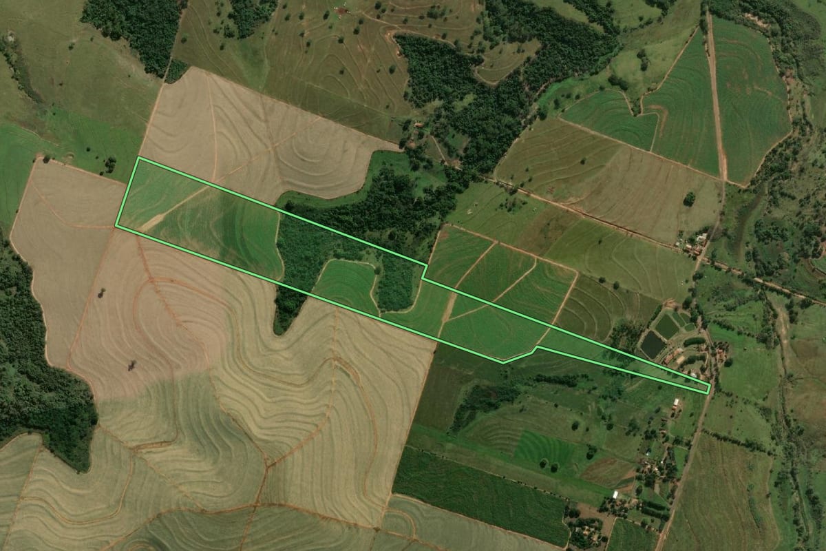 Imagem de satélite do imóvel rural em Flórida Paulista (SP), com o contorno declarado no CAR desenhado por cima.