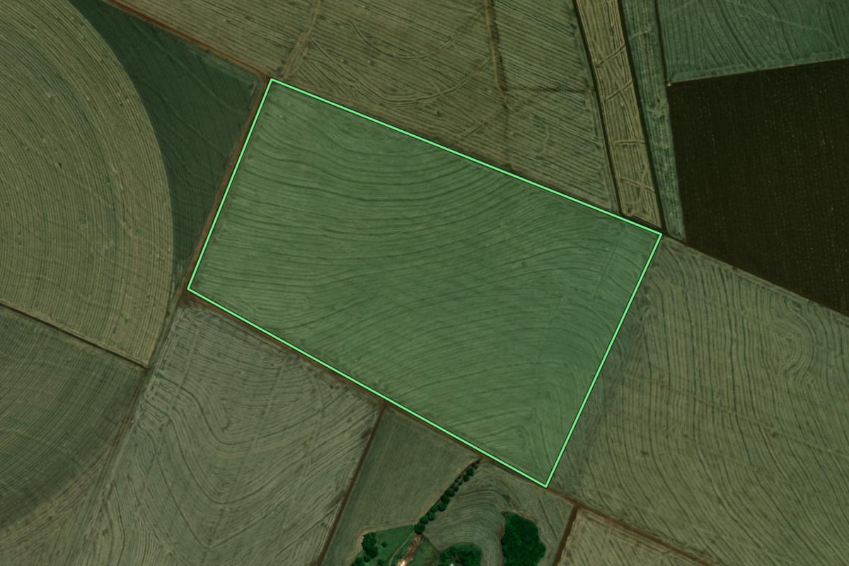 Imagem de satélite do imóvel rural em Florínea (SP), com o contorno declarado no CAR desenhado por cima.