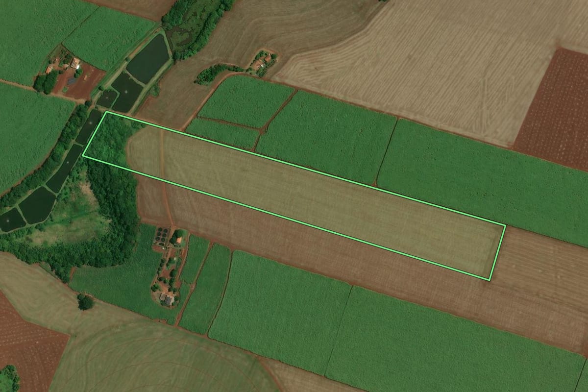 Imagem de satélite do imóvel rural em Florínea (SP), com o contorno declarado no CAR desenhado por cima.