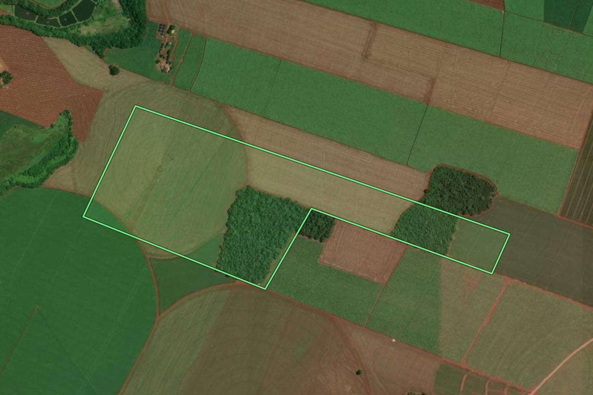 Imagem de satélite do imóvel rural em Florínea (SP), com o contorno declarado no CAR desenhado por cima.