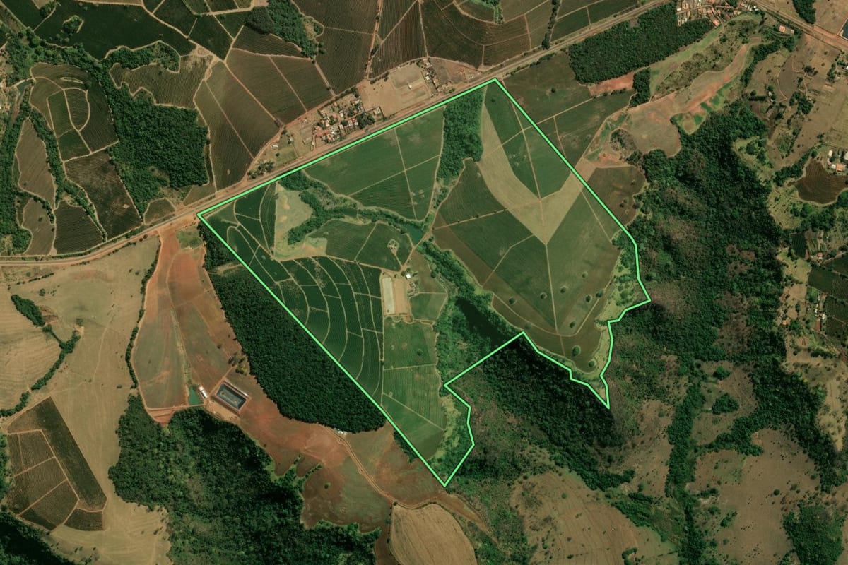 Imagem de satélite do imóvel rural em Franca (SP), com o contorno declarado no CAR desenhado por cima.