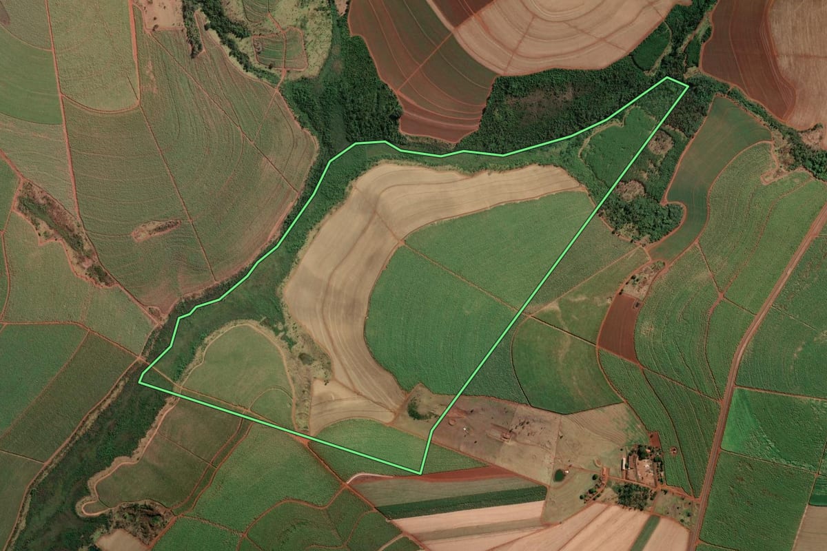 Imagem de satélite do imóvel rural em Franca (SP), com o contorno declarado no CAR desenhado por cima.