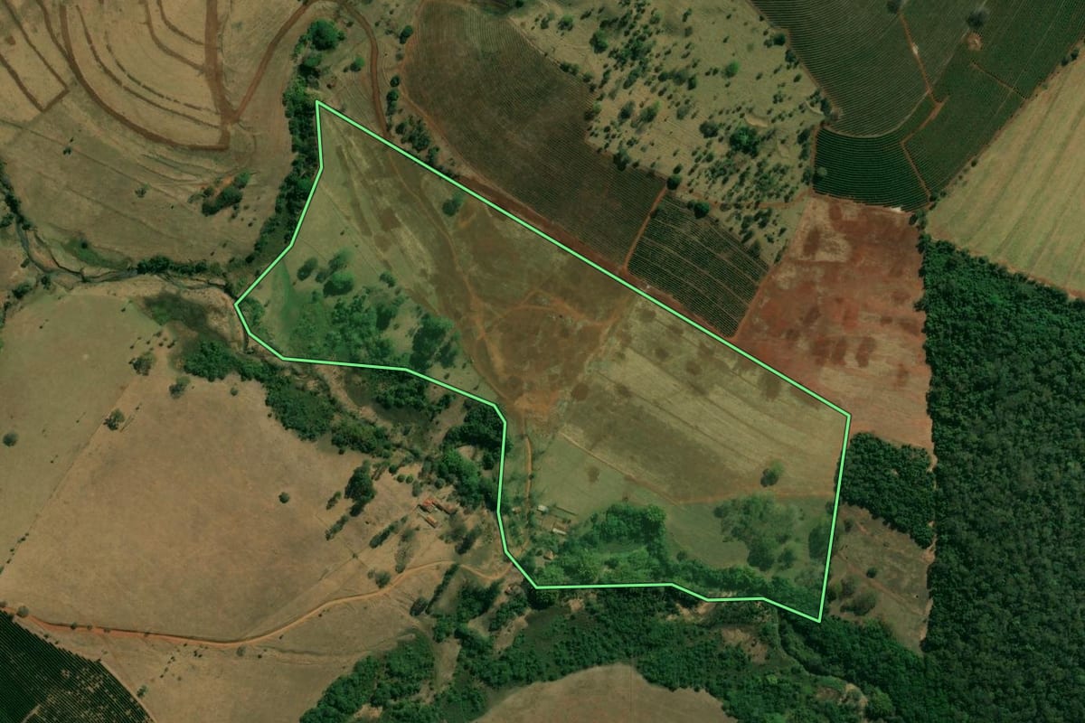 Imagem de satélite do imóvel rural em Franca (SP), com o contorno declarado no CAR desenhado por cima.
