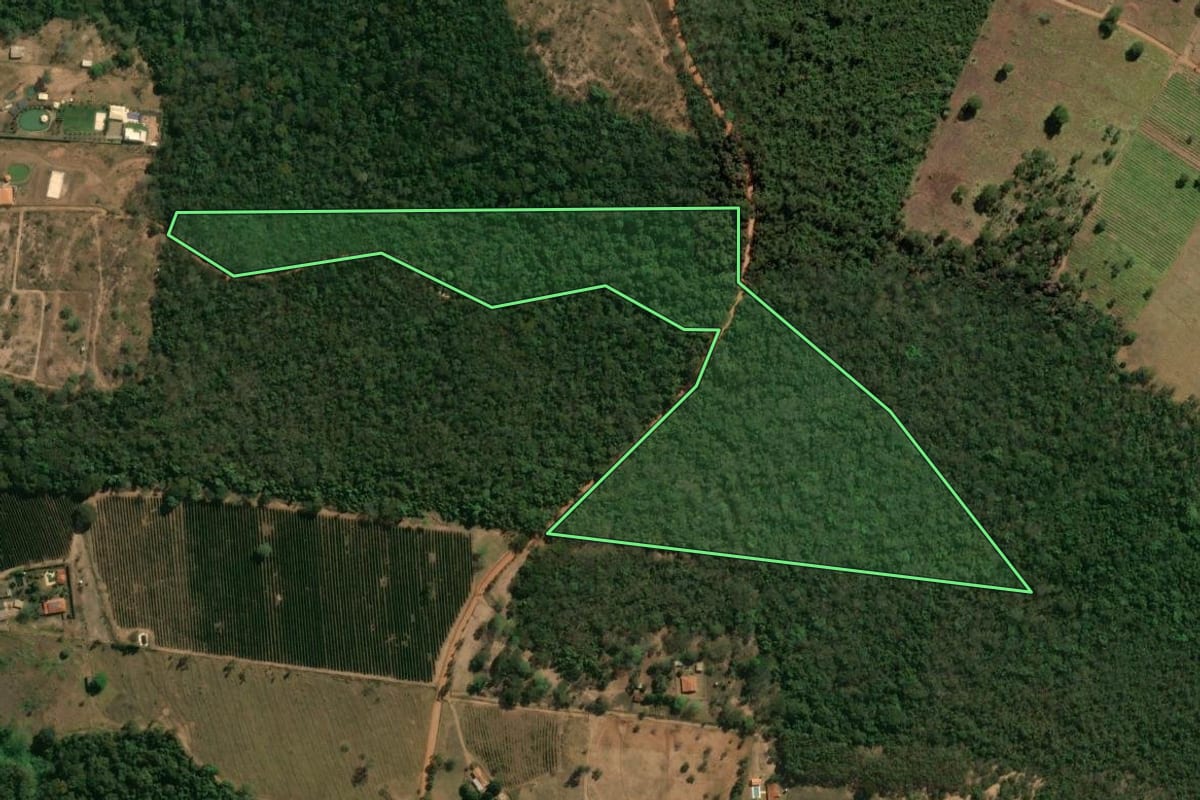 Imagem de satélite do imóvel rural em Franca (SP), com o contorno declarado no CAR desenhado por cima.