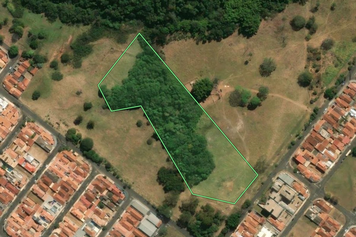 Imagem de satélite do imóvel rural em Franca (SP), com o contorno declarado no CAR desenhado por cima.