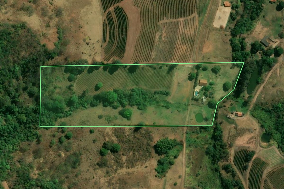 Imagem de satélite do imóvel rural em Franca (SP), com o contorno declarado no CAR desenhado por cima.