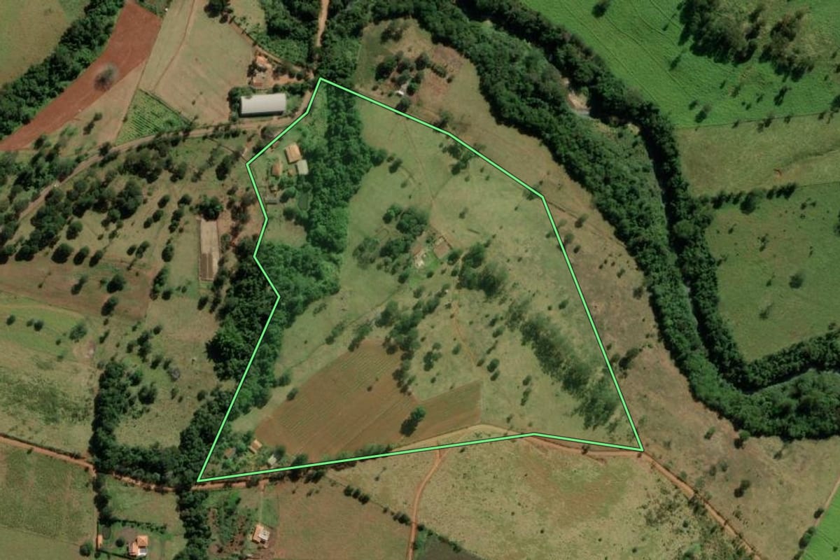 Imagem de satélite do imóvel rural em Franca (SP), com o contorno declarado no CAR desenhado por cima.