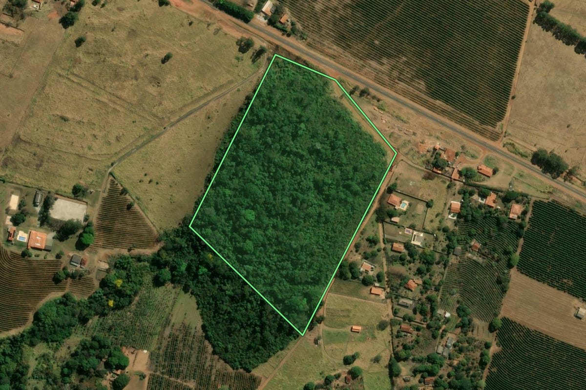 Imagem de satélite do imóvel rural em Franca (SP), com o contorno declarado no CAR desenhado por cima.