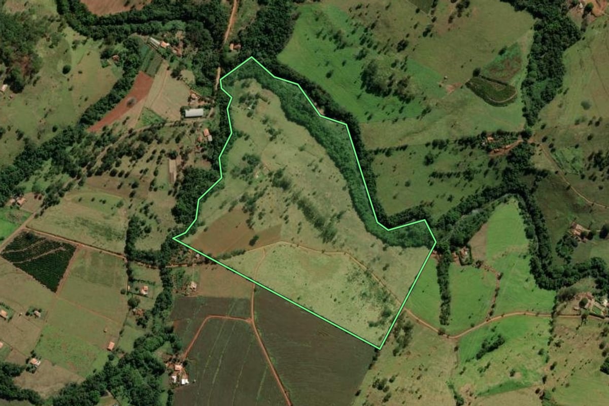 Imagem de satélite do imóvel rural em Franca (SP), com o contorno declarado no CAR desenhado por cima.
