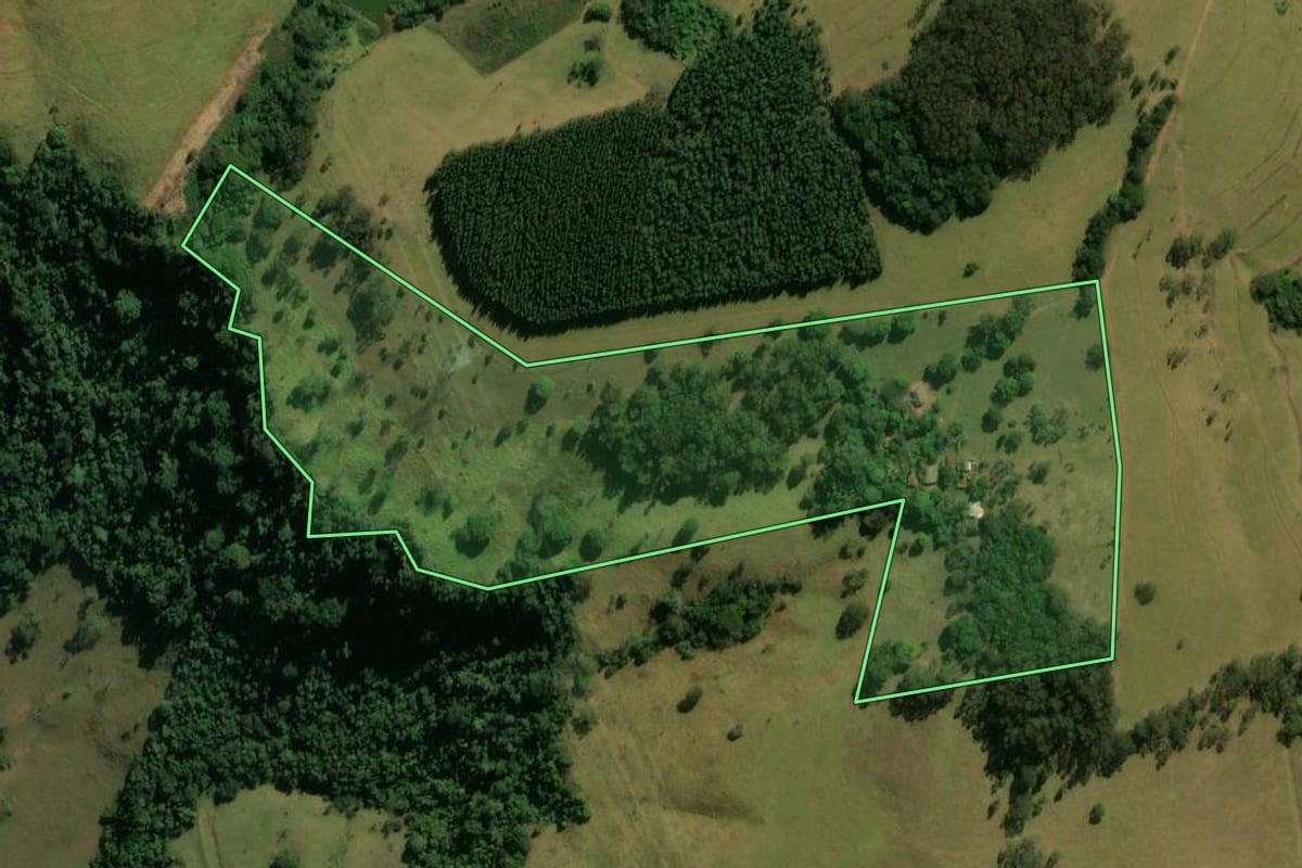 Imagem de satélite do imóvel rural em Franca (SP), com o contorno declarado no CAR desenhado por cima.