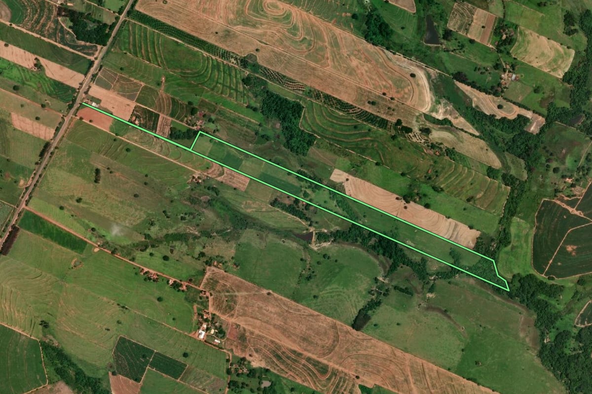 Imagem de satélite do imóvel rural em Gabriel Monteiro (SP), com o contorno declarado no CAR desenhado por cima.