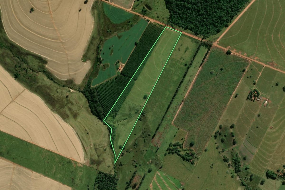 Imagem de satélite do imóvel rural em Gabriel Monteiro (SP), com o contorno declarado no CAR desenhado por cima.