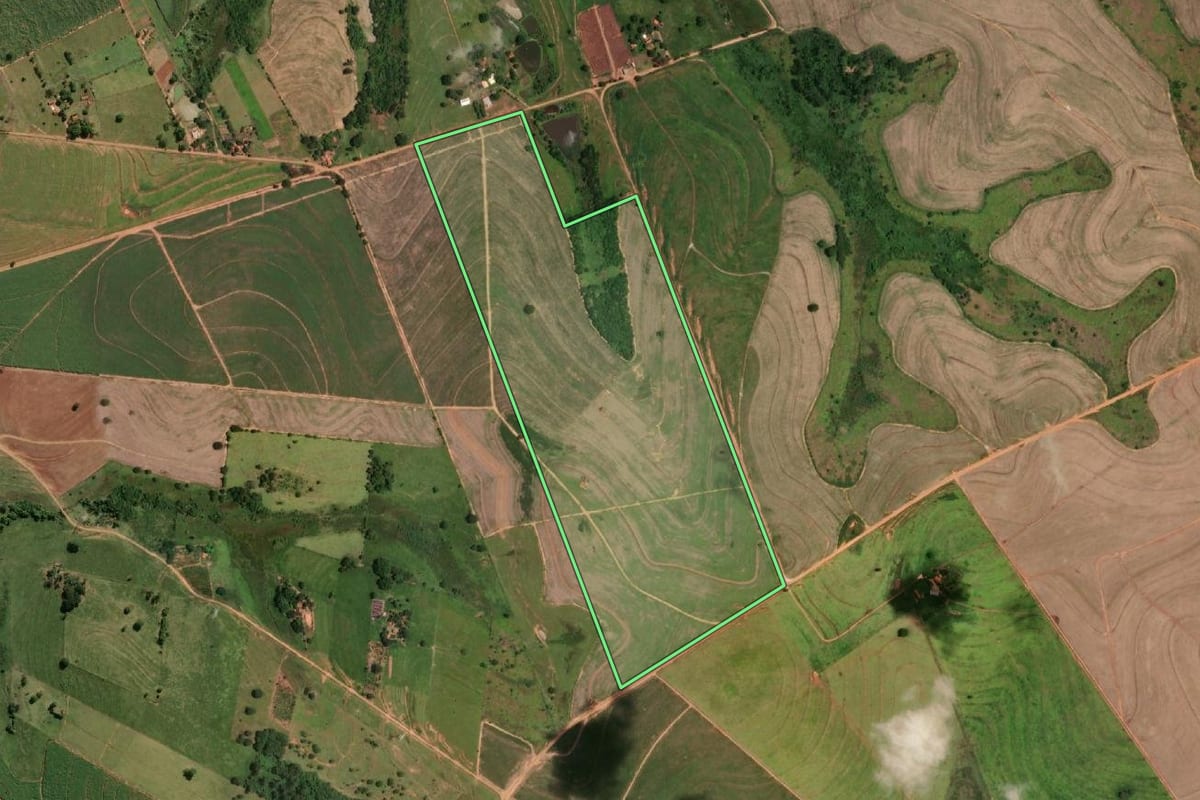 Imagem de satélite do imóvel rural em Gabriel Monteiro (SP), com o contorno declarado no CAR desenhado por cima.