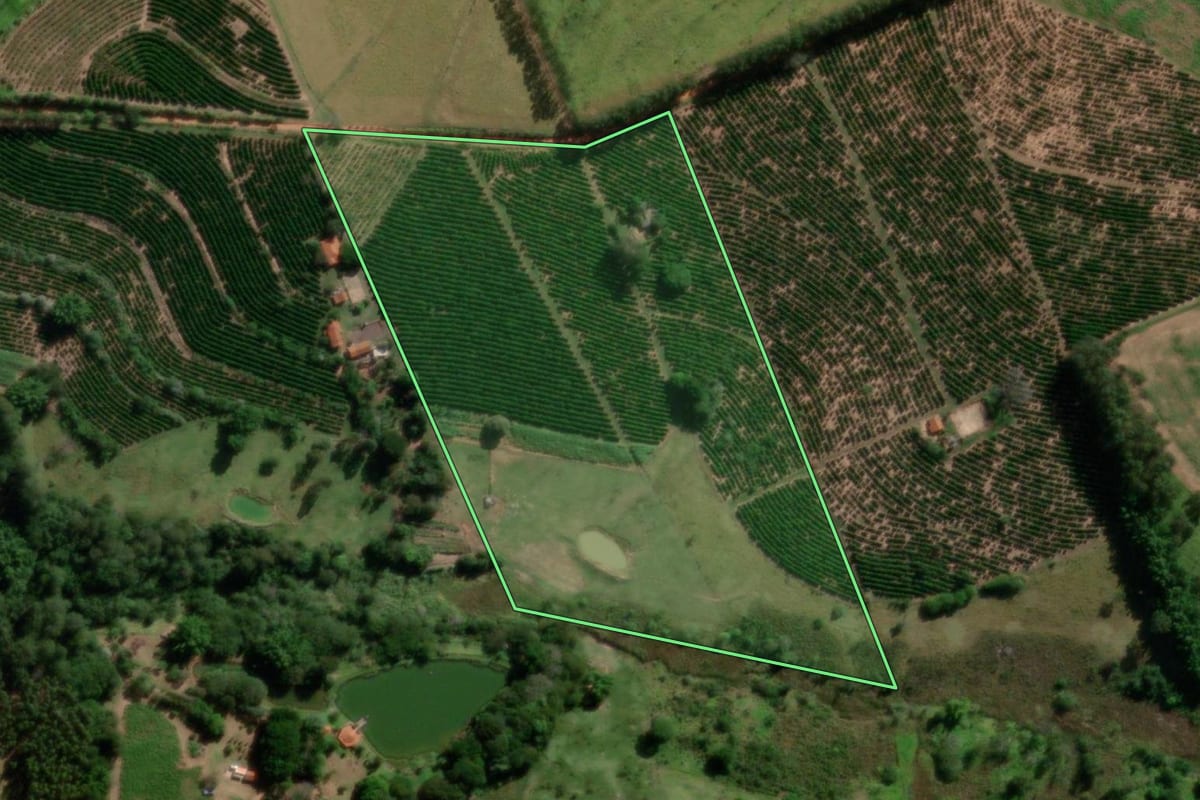 Imagem de satélite do imóvel rural em Garça (SP), com o contorno declarado no CAR desenhado por cima.