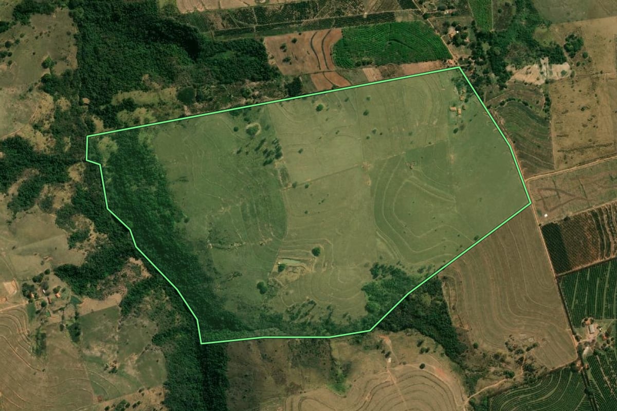 Imagem de satélite do imóvel rural em Garça (SP), com o contorno declarado no CAR desenhado por cima.