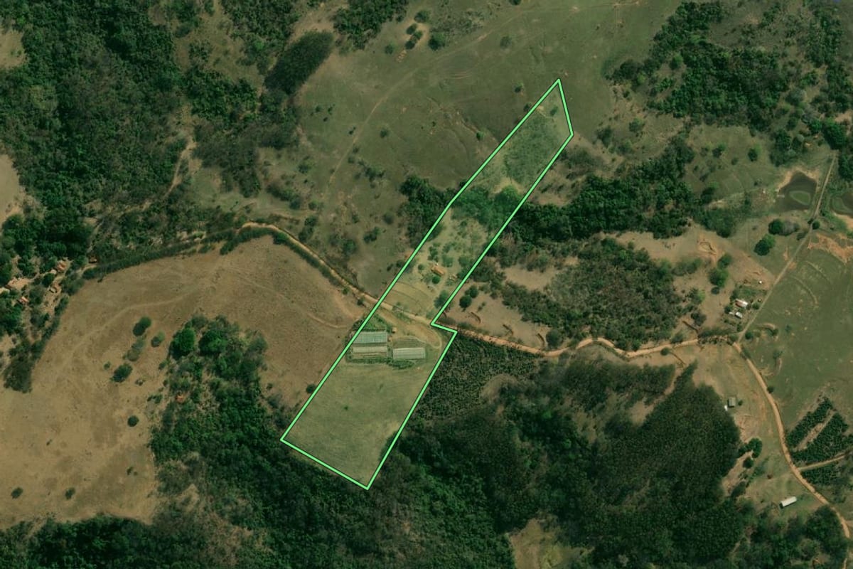Imagem de satélite do imóvel rural em Garça (SP), com o contorno declarado no CAR desenhado por cima.