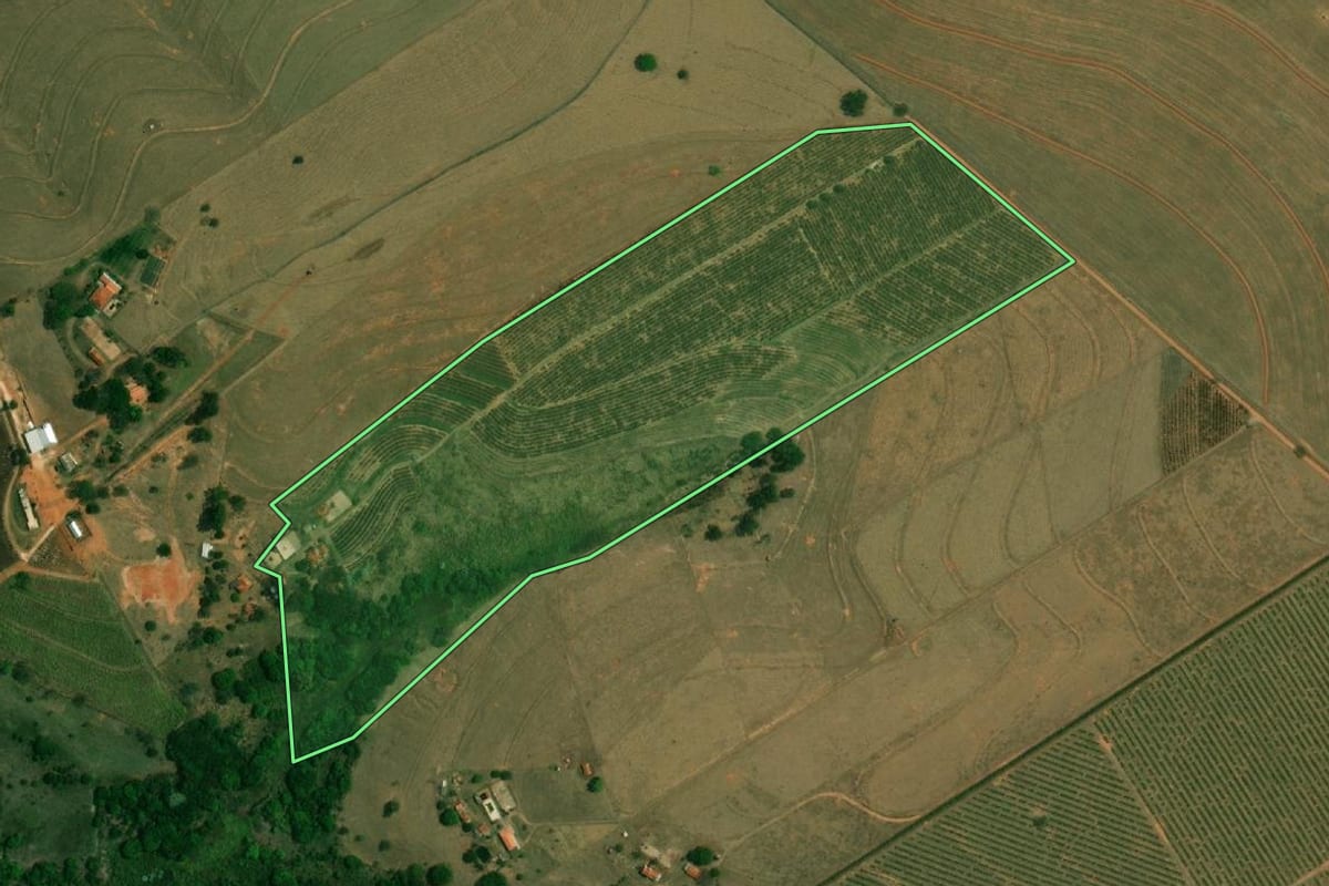 Imagem de satélite do imóvel rural em Garça (SP), com o contorno declarado no CAR desenhado por cima.