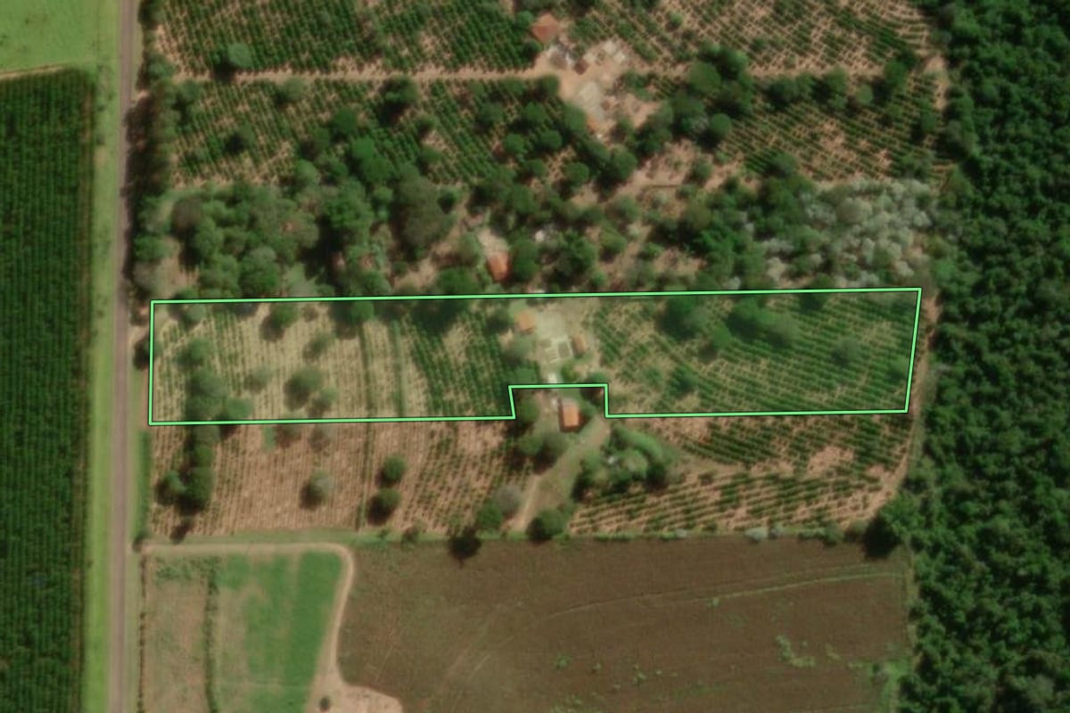 Imagem de satélite do imóvel rural em Garça (SP), com o contorno declarado no CAR desenhado por cima.