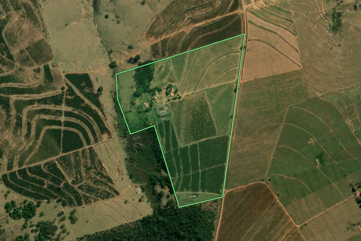 Imagem de satélite do imóvel rural em Garça (SP), com o contorno declarado no CAR desenhado por cima.