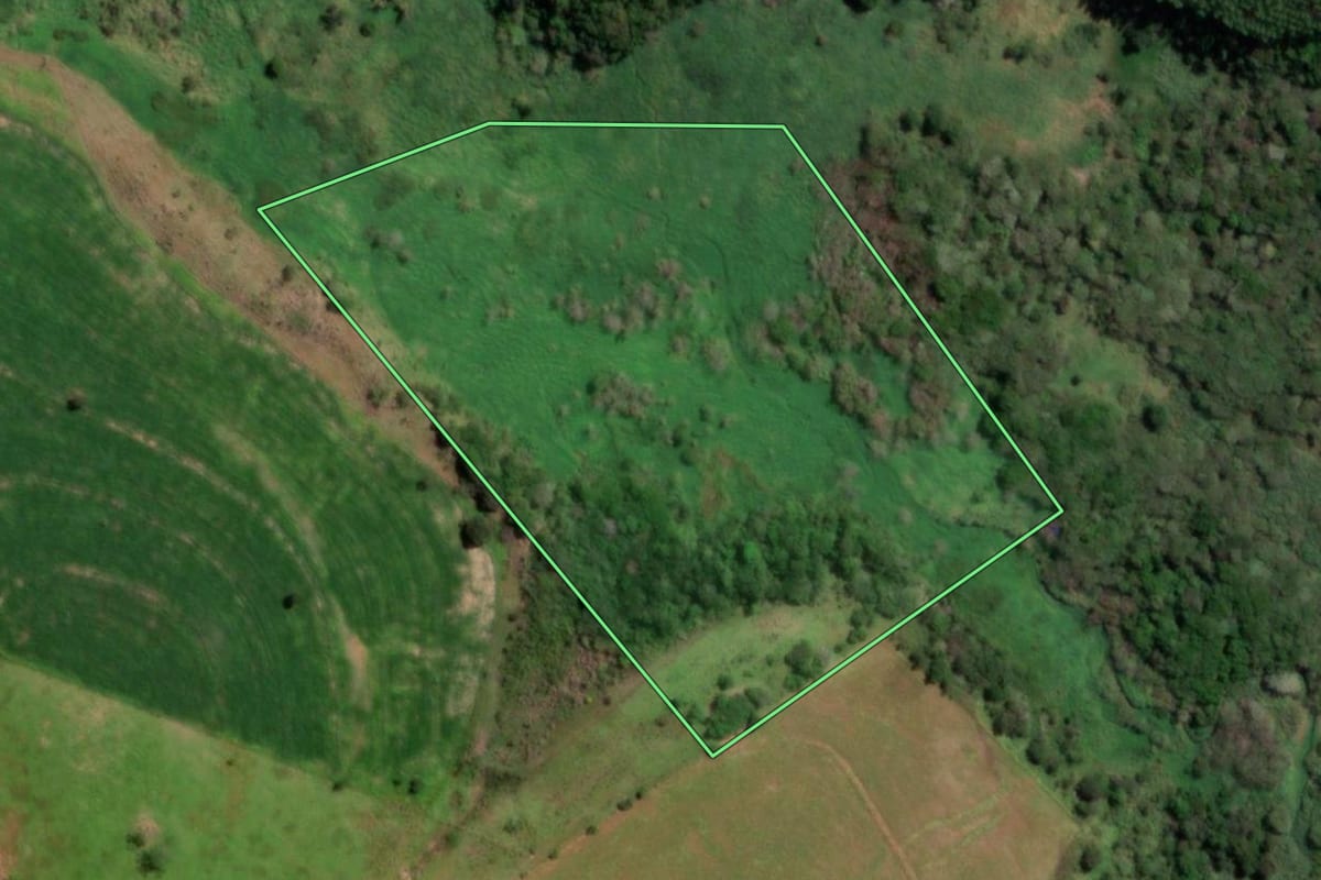 Imagem de satélite do imóvel rural em Garça (SP), com o contorno declarado no CAR desenhado por cima.