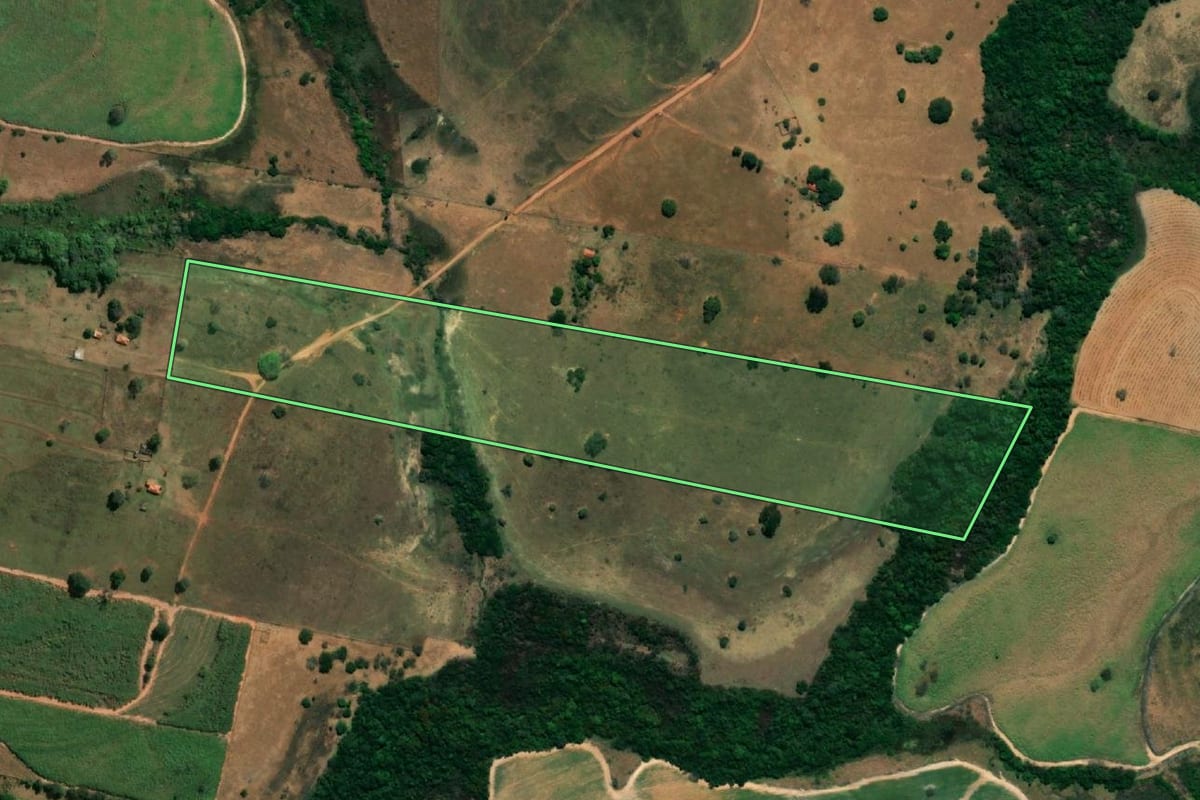 Imagem de satélite do imóvel rural em Gastão Vidigal (SP), com o contorno declarado no CAR desenhado por cima.