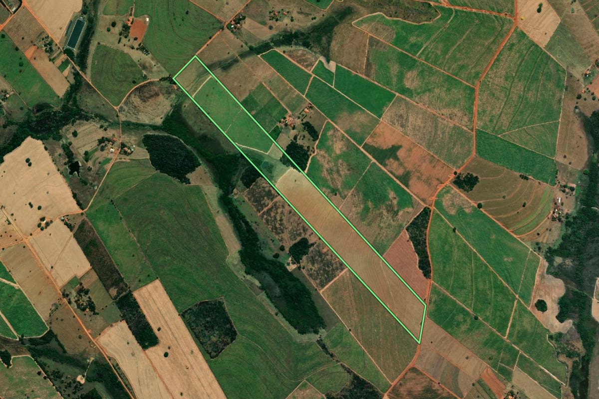 Imagem de satélite do imóvel rural em Gastão Vidigal (SP), com o contorno declarado no CAR desenhado por cima.
