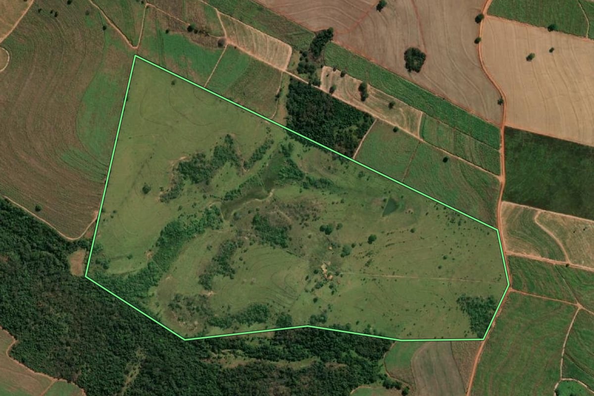 Imagem de satélite do imóvel rural em Gastão Vidigal (SP), com o contorno declarado no CAR desenhado por cima.