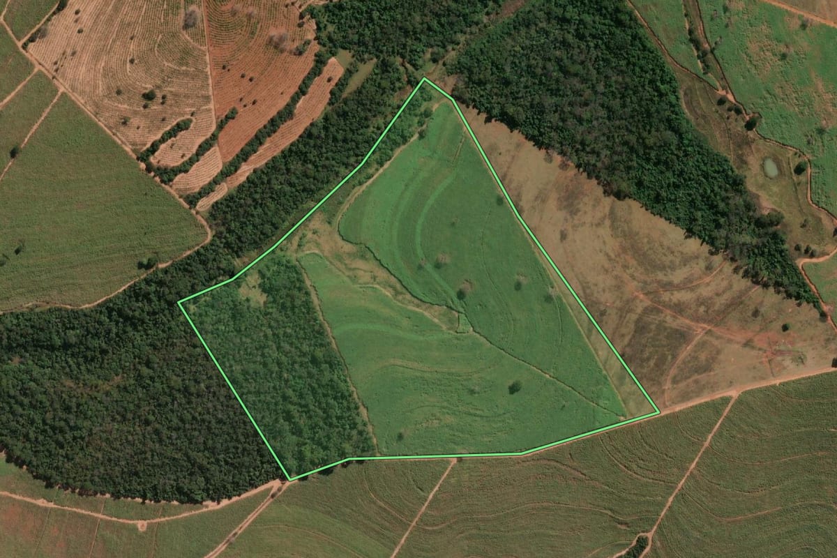 Imagem de satélite do imóvel rural em Gastão Vidigal (SP), com o contorno declarado no CAR desenhado por cima.