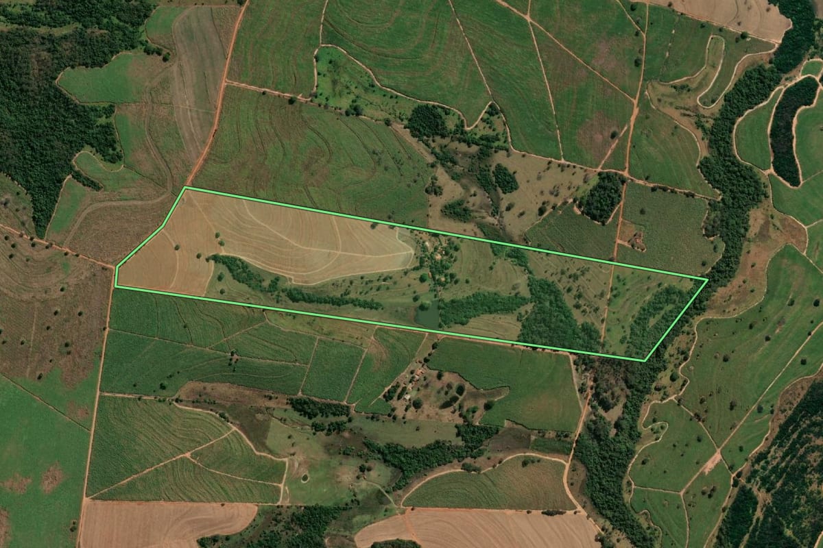 Imagem de satélite do imóvel rural em Gastão Vidigal (SP), com o contorno declarado no CAR desenhado por cima.