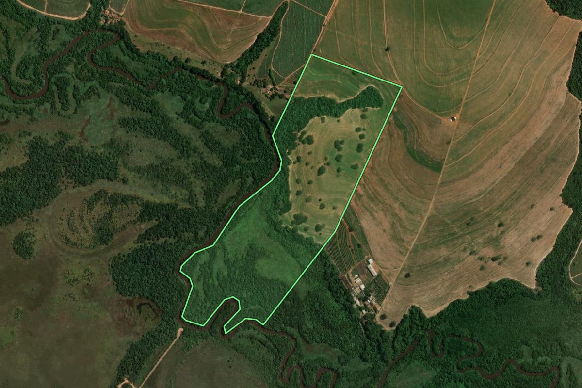 Imagem de satélite do imóvel rural em Gavião Peixoto (SP), com o contorno declarado no CAR desenhado por cima.