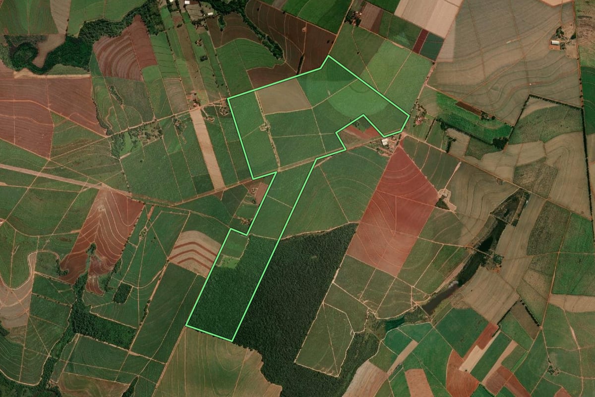 Imagem de satélite do imóvel rural em Gavião Peixoto (SP), com o contorno declarado no CAR desenhado por cima.