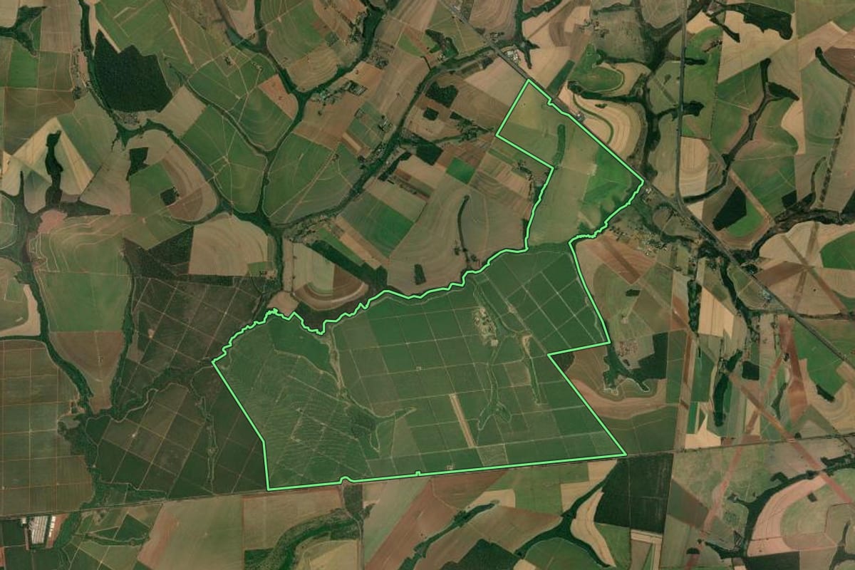 Imagem de satélite do imóvel rural em Gavião Peixoto (SP), com o contorno declarado no CAR desenhado por cima.