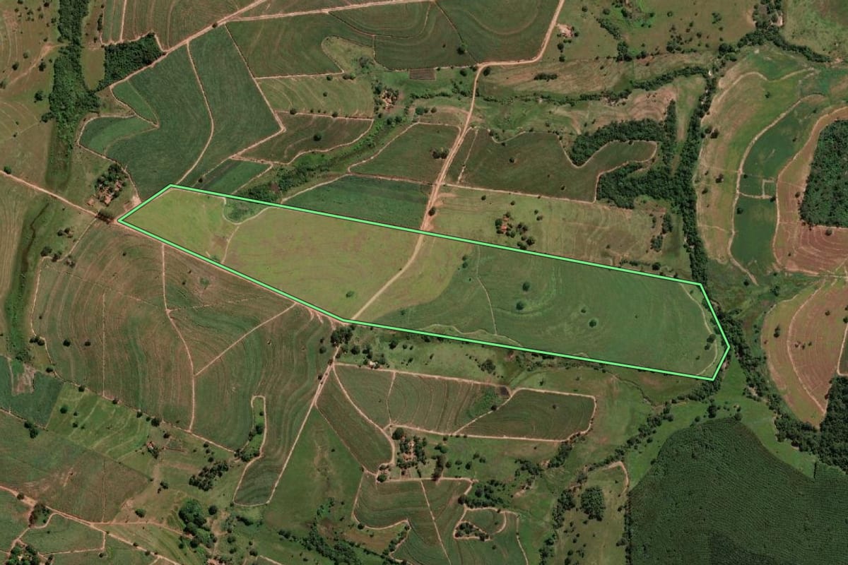 Imagem de satélite do imóvel rural em General Salgado (SP), com o contorno declarado no CAR desenhado por cima.