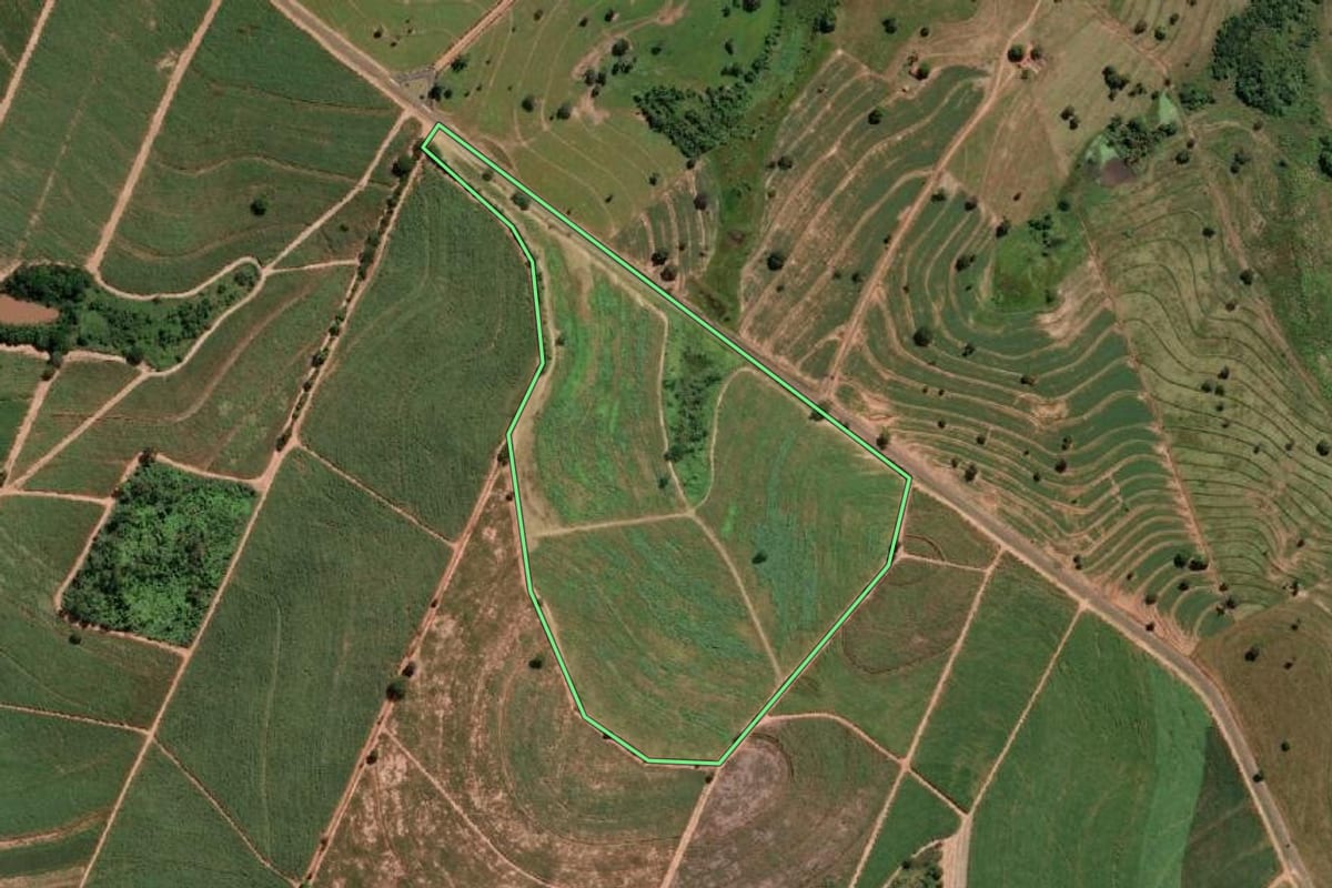 Imagem de satélite do imóvel rural em General Salgado (SP), com o contorno declarado no CAR desenhado por cima.
