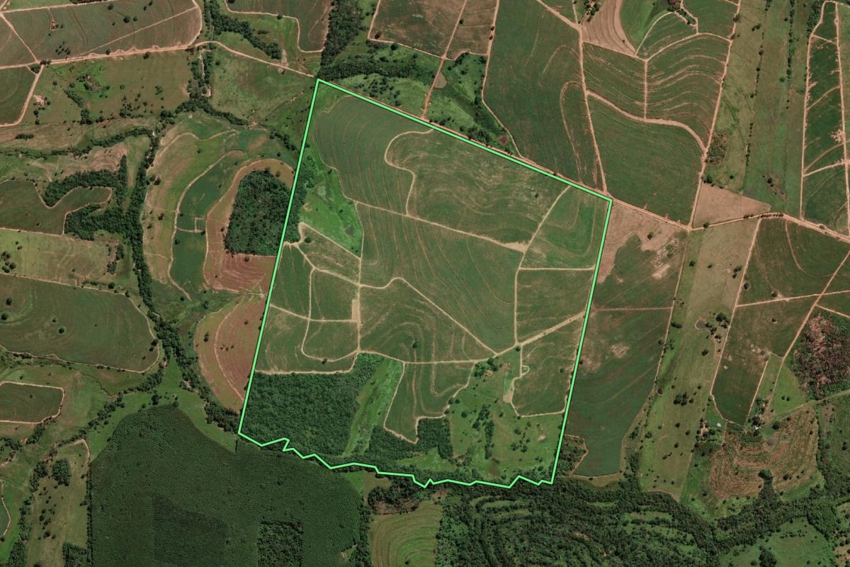 Imagem de satélite do imóvel rural em General Salgado (SP), com o contorno declarado no CAR desenhado por cima.