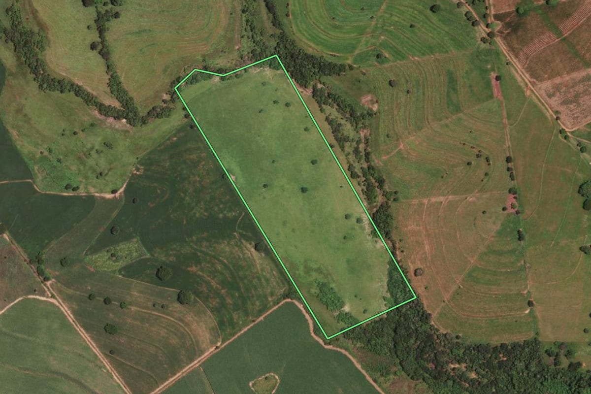 Imagem de satélite do imóvel rural em General Salgado (SP), com o contorno declarado no CAR desenhado por cima.