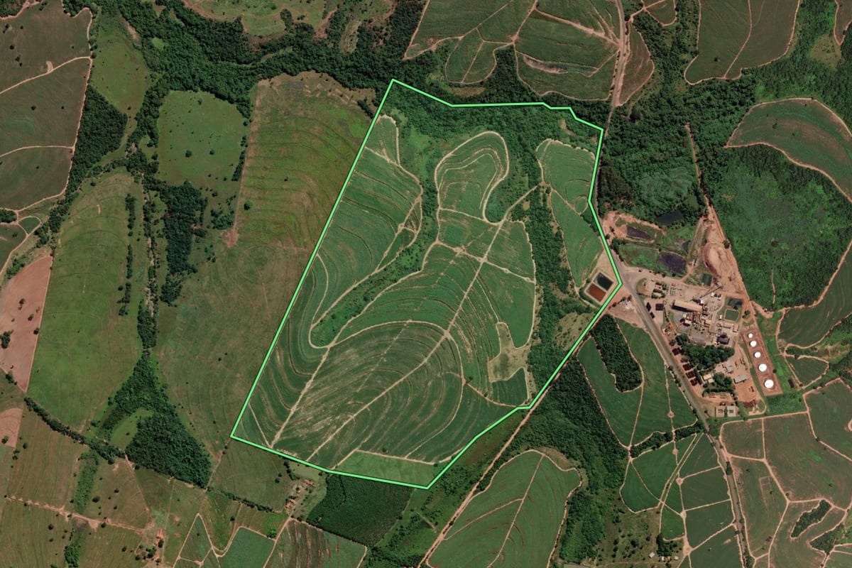 Imagem de satélite do imóvel rural em General Salgado (SP), com o contorno declarado no CAR desenhado por cima.