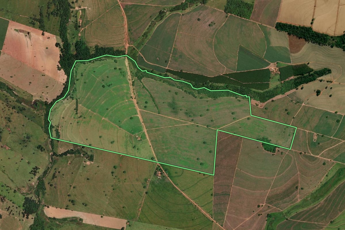 Imagem de satélite do imóvel rural em General Salgado (SP), com o contorno declarado no CAR desenhado por cima.
